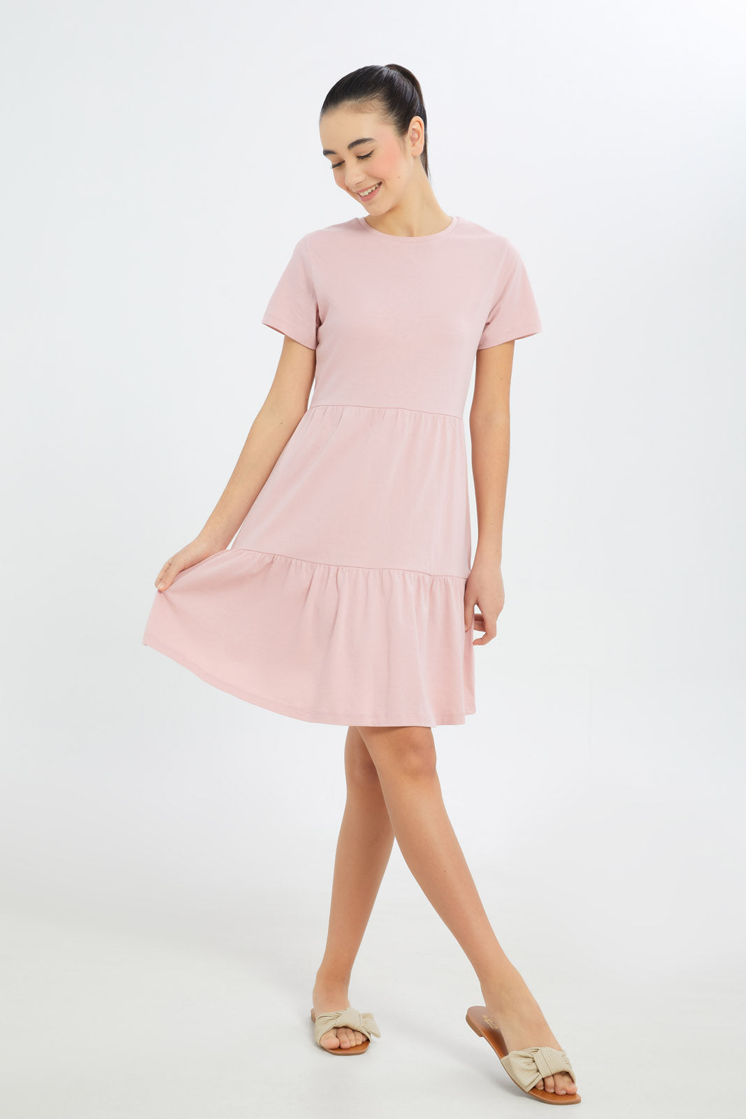 Redtag-Girls-Pink-Tiered-Dress-Category:Dresses,-Colour:Apricot,-Deals:New-In,-Dress-Size:Short-Dress,-Event:STRATEGY,-Filter:Senior-Girls-(8-to-14-Yrs),-GSR-Dresses,-H1:KWR,-H2:GSR,-H3:DRS,-H4:CAD,-New-In-GSR-APL,-Non-Sale,-Promo:PPE,-S23B,-Season:S23B,-Section:Girls-(0-to-14Yrs)-Senior-Girls-9 to 14 Years