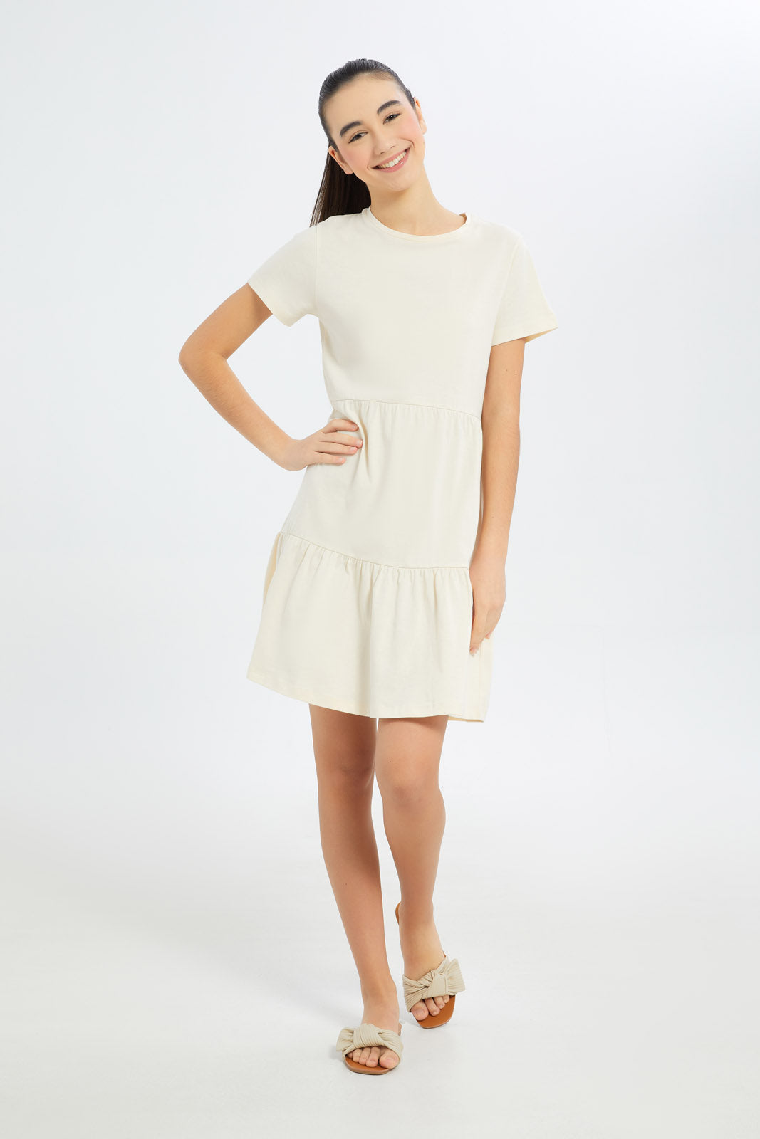 Redtag-Girls-Beige-Tiered-Dress-Category:Dresses,-Colour:Beige,-Deals:New-In,-Dress-Size:Short-Dress,-Event:STRATEGY,-Filter:Senior-Girls-(8-to-14-Yrs),-GSR-Dresses,-H1:KWR,-H2:GSR,-H3:DRS,-H4:CAD,-New-In-GSR-APL,-Non-Sale,-Promo:PPE,-S23B,-Season:S23B,-Section:Girls-(0-to-14Yrs)-Senior-Girls-9 to 14 Years