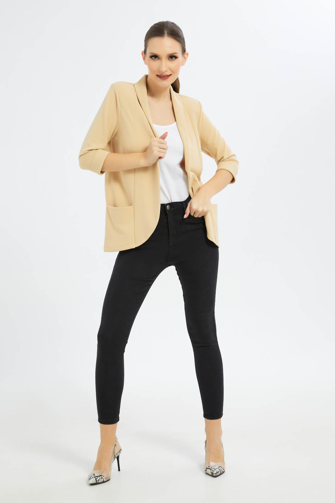Redtag-Women-Cream-3/4-Rollup-Sleeve-Jacket-Category:Jackets,-Colour:Cream,-Deals:New-In,-Filter:Women's-Clothing,-New-In-Women-APL,-Non-Sale,-S23C,-Section:Women,-Women-Jackets-Women's-