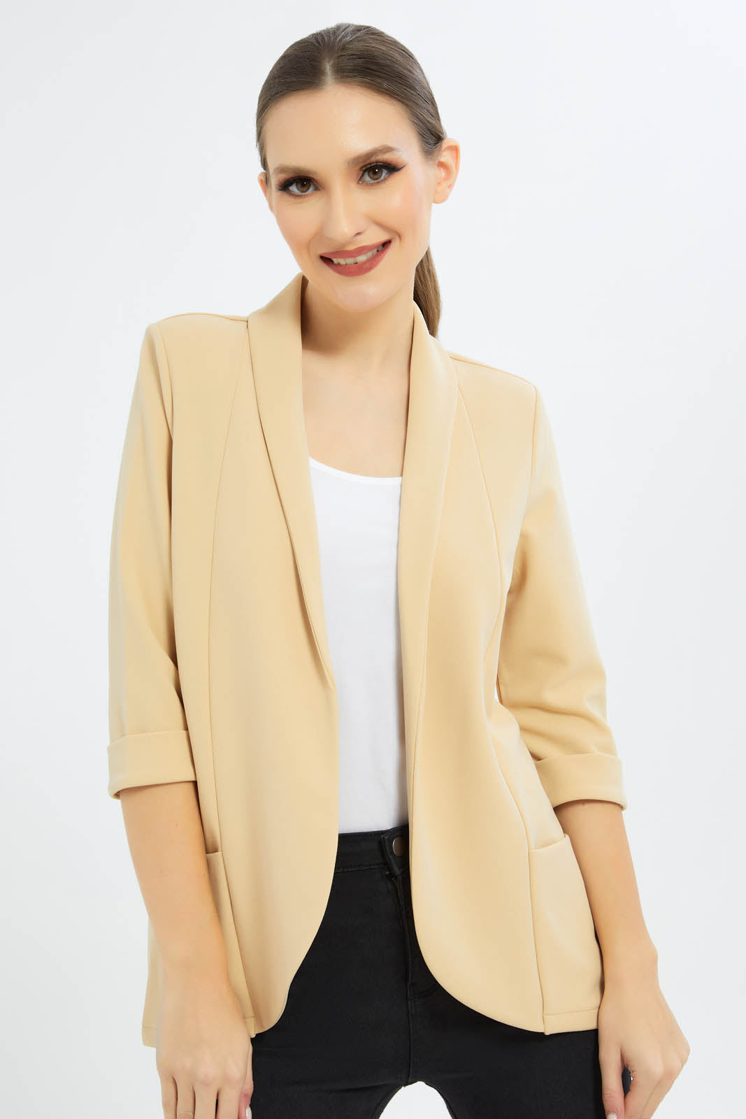 Redtag-Women-Cream-3/4-Rollup-Sleeve-Jacket-Category:Jackets,-Colour:Cream,-Deals:New-In,-Filter:Women's-Clothing,-New-In-Women-APL,-Non-Sale,-S23C,-Section:Women,-Women-Jackets-Women's-