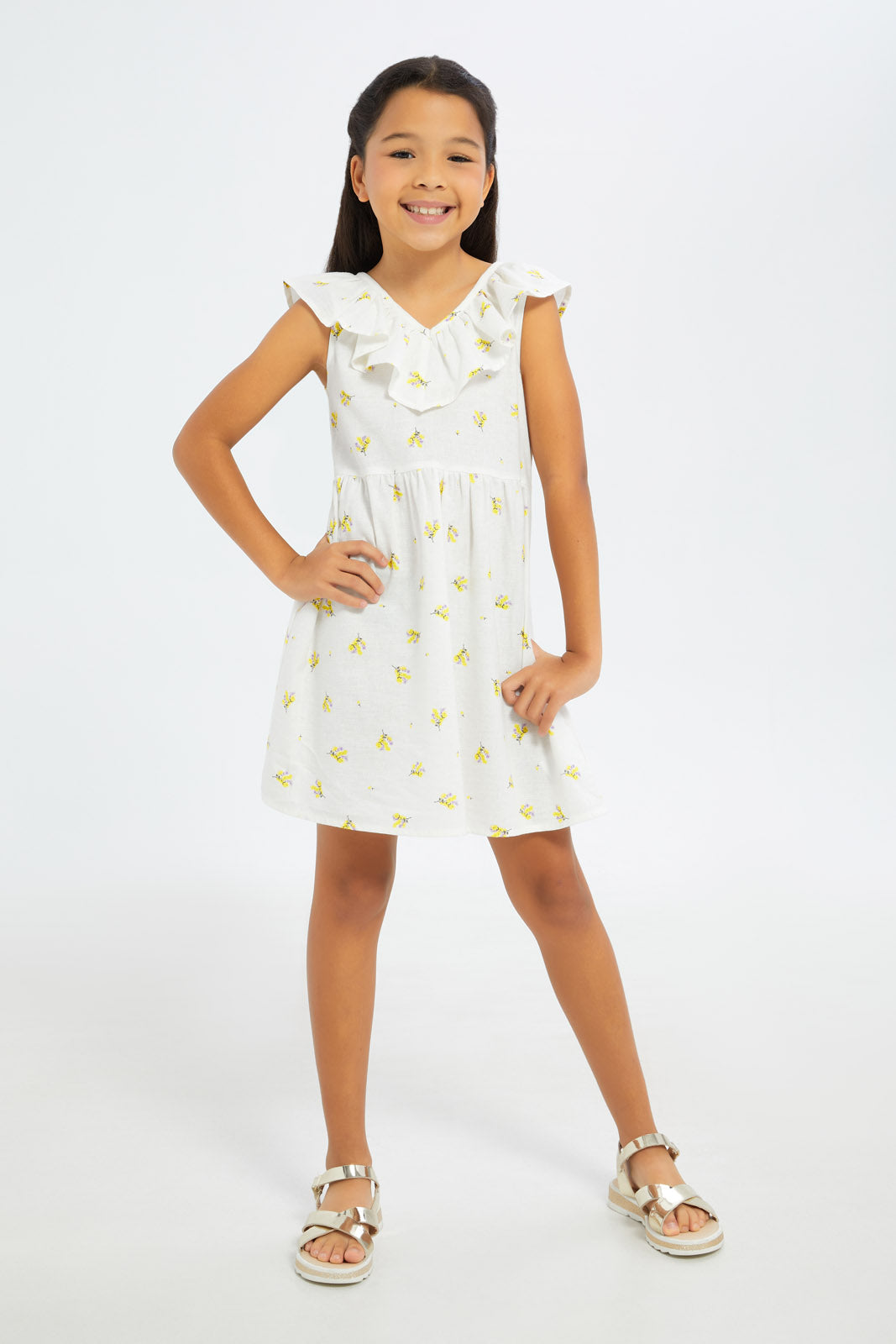 Redtag-Girls-Linen-Tie-Dye-Dress---Yellow-Lilacs-Category:Dresses,-Colour:Yellow,-Deals:New-In,-Filter:Girls-(2-to-8-Yrs),-GIR-Dresses,-H1:KWR,-H2:GIR,-H3:DRS,-H4:CAD,-New-In-GIR-APL,-Non-Sale,-S23C,-Season:S23C,-Section:Girls-(0-to-14Yrs)-Girls-2 to 8 Years