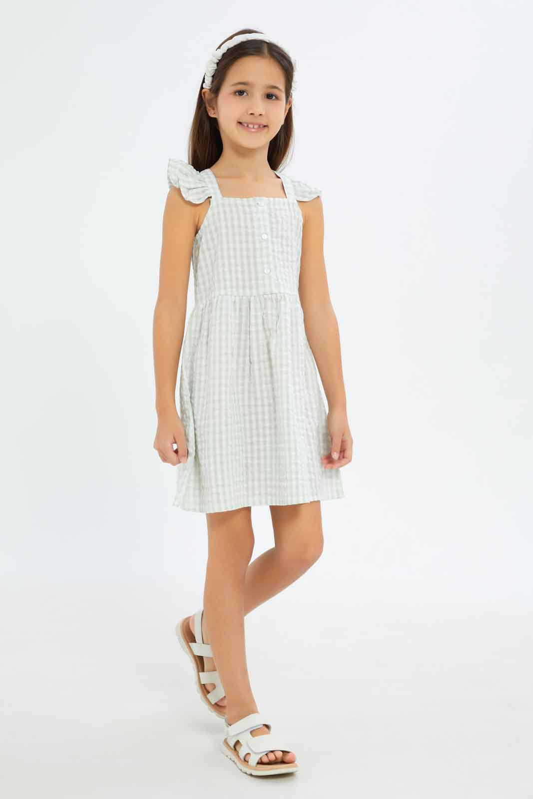 Redtag-Girls-Seersucker-Ruffle-Dress---Mint-Category:Dresses,-Colour:Mint,-Deals:New-In,-Filter:Girls-(2-to-8-Yrs),-GIR-Dresses,-New-In-GIR-APL,-Non-Sale,-S23C,-Section:Girls-(0-to-14Yrs)-Girls-2 to 8 Years