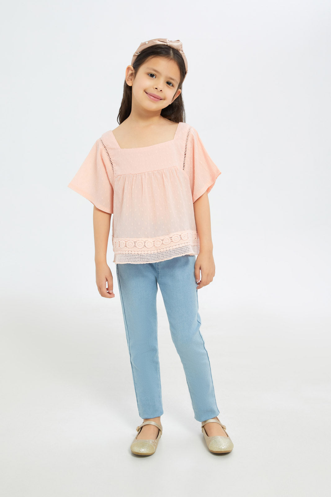 Redtag-Girls-Lace-Dobby-Inset-Blouse--Pale-Pink-Category:Blouses,-Colour:Apricot,-Deals:New-In,-Filter:Girls-(2-to-8-Yrs),-GIR-Blouses,-H1:KWR,-H2:GIR,-H3:BLO,-H4:CBL,-New-In-GIR-APL,-Non-Sale,-S23C,-Season:S23C,-Section:Girls-(0-to-14Yrs)-Girls-2 to 8 Years