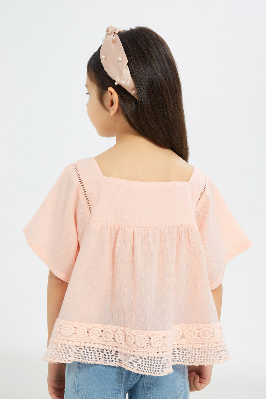 Redtag-Girls-Lace-Dobby-Inset-Blouse--Pale-Pink-Category:Blouses,-Colour:Apricot,-Deals:New-In,-Filter:Girls-(2-to-8-Yrs),-GIR-Blouses,-H1:KWR,-H2:GIR,-H3:BLO,-H4:CBL,-New-In-GIR-APL,-Non-Sale,-S23C,-Season:S23C,-Section:Girls-(0-to-14Yrs)-Girls-2 to 8 Years