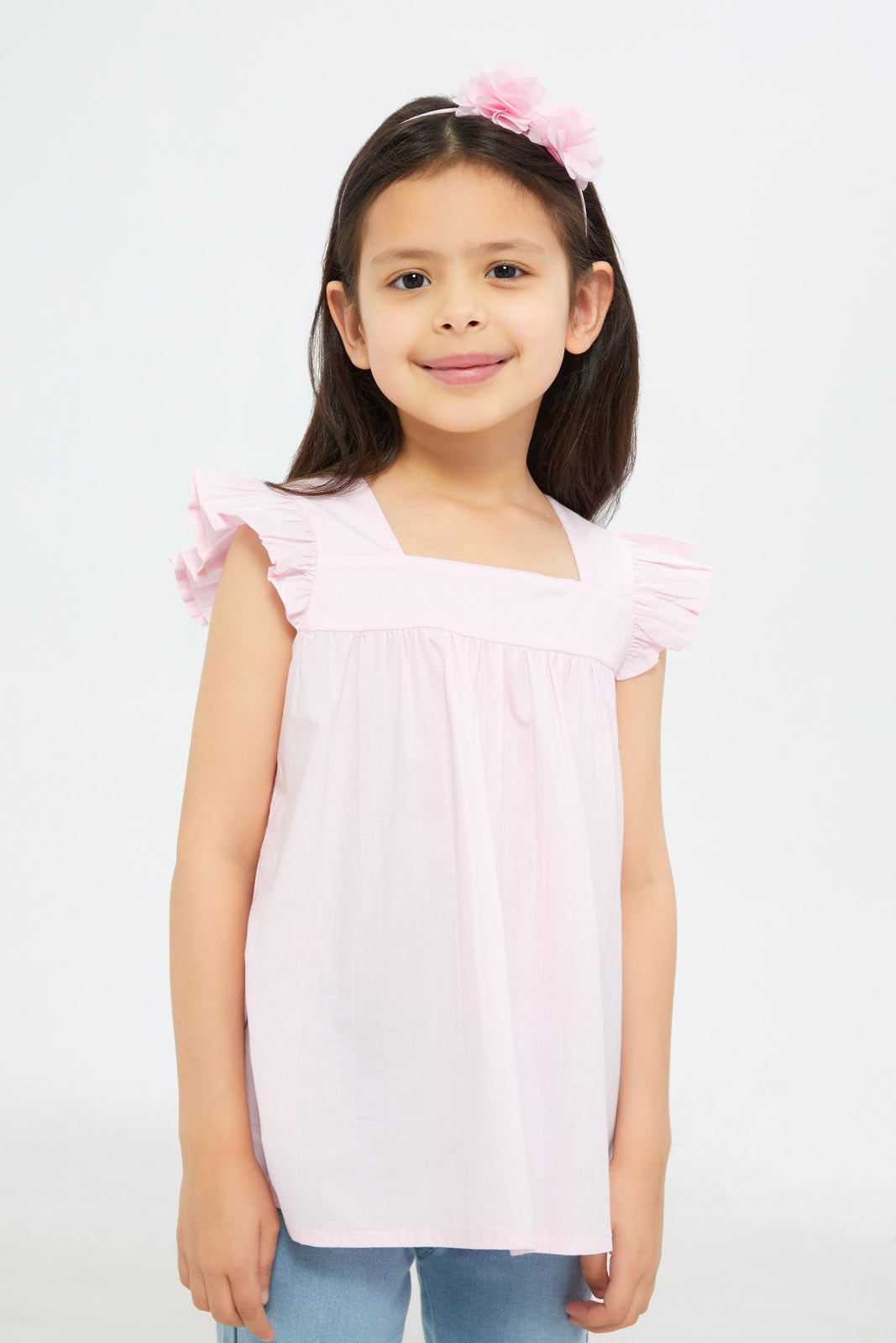 Redtag-Girls-Ruffle-Co-Ord-Blouse-Poplin-Blouse---Pink-Floral-Category:Blouses,-Colour:Apricot,-Deals:New-In,-Event:STRATEGY,-Filter:Girls-(2-to-8-Yrs),-GIR-Blouses,-H1:KWR,-H2:GIR,-H3:BLO,-H4:CBL,-New-In-GIR-APL,-Non-Sale,-Promo:VLM,-S23C,-Season:S23C,-Section:Girls-(0-to-14Yrs),-VLM-Girls-2 to 8 Years