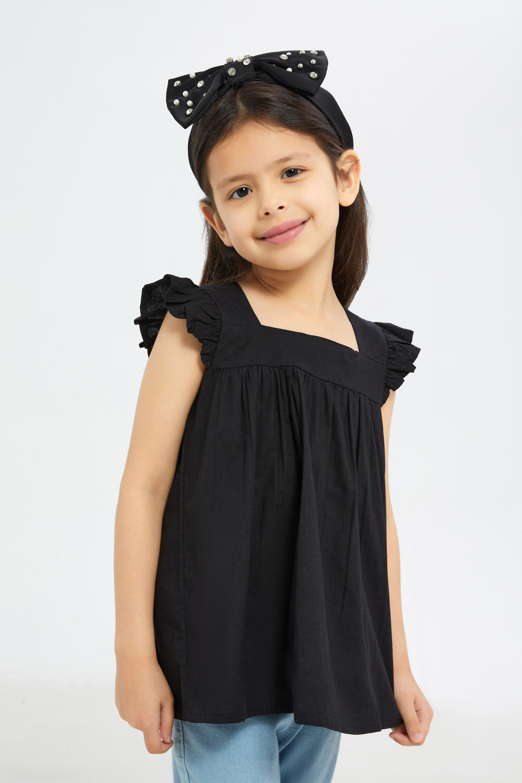 Redtag-Girls-Ruffle-Co-Ord-Blouse-Poplin-Blouse---Black-Category:Blouses,-Colour:Black,-Deals:New-In,-Event:STRATEGY,-Filter:Girls-(2-to-8-Yrs),-GIR-Blouses,-H1:KWR,-H2:GIR,-H3:BLO,-H4:CBL,-New-In-GIR-APL,-Non-Sale,-Promo:VLM,-S23C,-Season:S23C,-Section:Girls-(0-to-14Yrs),-VLM-Girls-2 to 8 Years