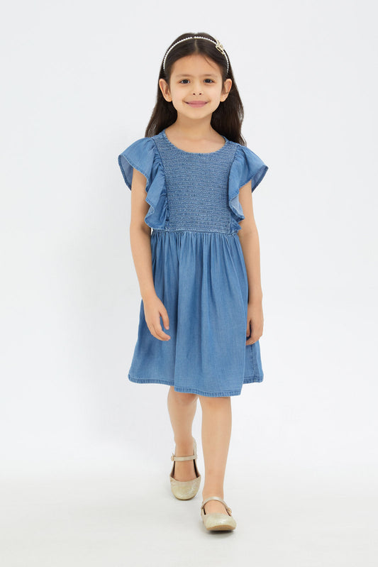 Redtag-Girls-Denim-Smoking-Dress---Blue-Category:Dresses,-Colour:Blue,-Deals:New-In,-Filter:Girls-(2-to-8-Yrs),-GIR-Dresses,-H1:KWR,-H2:GIR,-H3:DRS,-H4:CAD,-New-In-GIR-APL,-Non-Sale,-S23D,-Season:S23C,-Section:Girls-(0-to-14Yrs)-Girls-2 to 8 Years