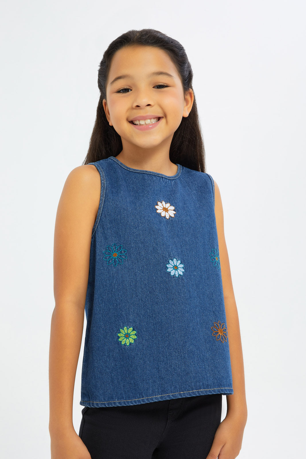 Redtag-Girls-Embroidered-Denim-Blouse---Blue-Category:Blouses,-Colour:Blue,-Deals:New-In,-Filter:Girls-(2-to-8-Yrs),-GIR-Blouses,-H1:KWR,-H2:GIR,-H3:BLO,-H4:CBL,-New-In-GIR-APL,-Non-Sale,-S23C,-Season:S23C,-Section:Girls-(0-to-14Yrs)-Girls-2 to 8 Years