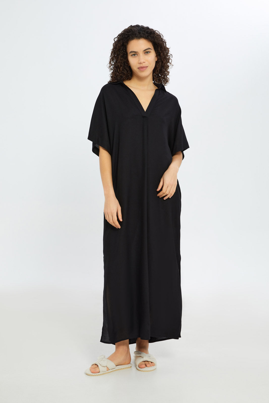 Redtag-Women-Black-Short-Sleeves-With-Collar-Nightgown-Category:Nightgowns,-Colour:Black,-Deals:New-In,-Filter:Women's-Clothing,-H1:LWR,-H2:LDN,-H3:NWR,-H4:NGN,-New-In-Women-APL,-Non-Sale,-RMD,-S23C,-Season:S23C,-Section:Women,-Women-Nightgowns--