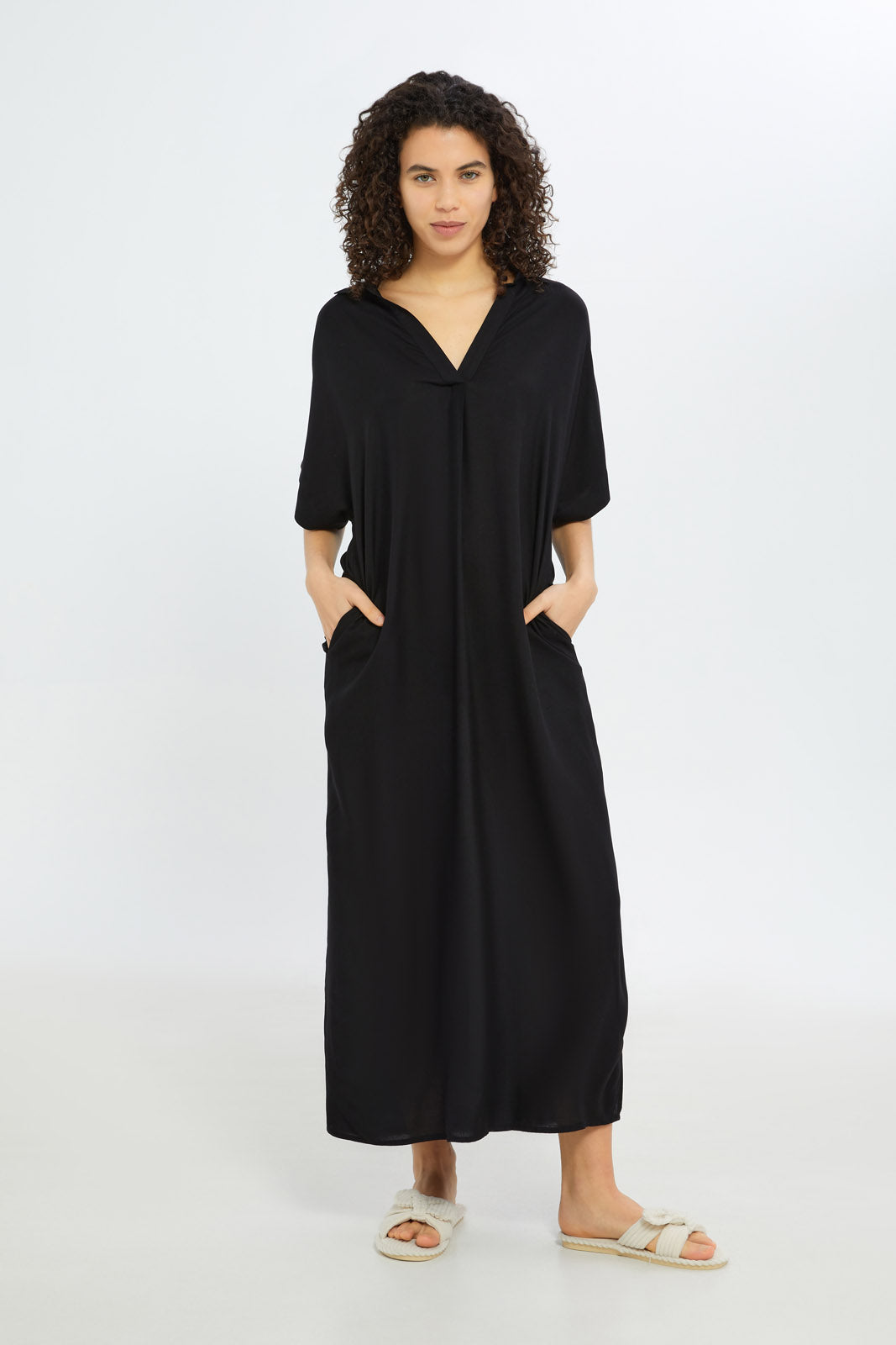 Redtag-Women-Black-Short-Sleeves-With-Collar-Nightgown-Category:Nightgowns,-Colour:Black,-Deals:New-In,-Filter:Women's-Clothing,-H1:LWR,-H2:LDN,-H3:NWR,-H4:NGN,-New-In-Women-APL,-Non-Sale,-RMD,-S23C,-Season:S23C,-Section:Women,-Women-Nightgowns--