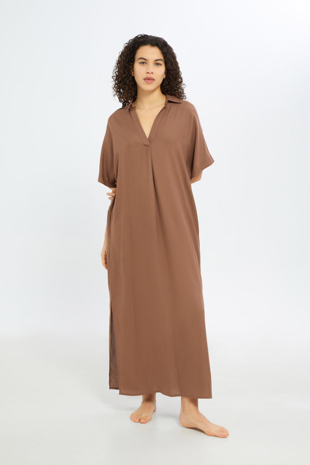 Redtag-Women-Sand-Short-Sleeves-With-Collar-Nightgown-Category:Nightgowns,-Colour:Sand,-Deals:New-In,-Filter:Women's-Clothing,-H1:LWR,-H2:LDN,-H3:NWR,-H4:NGN,-New-In-Women-APL,-Non-Sale,-S23C,-Season:S23C,-Section:Women,-Women-Nightgowns--