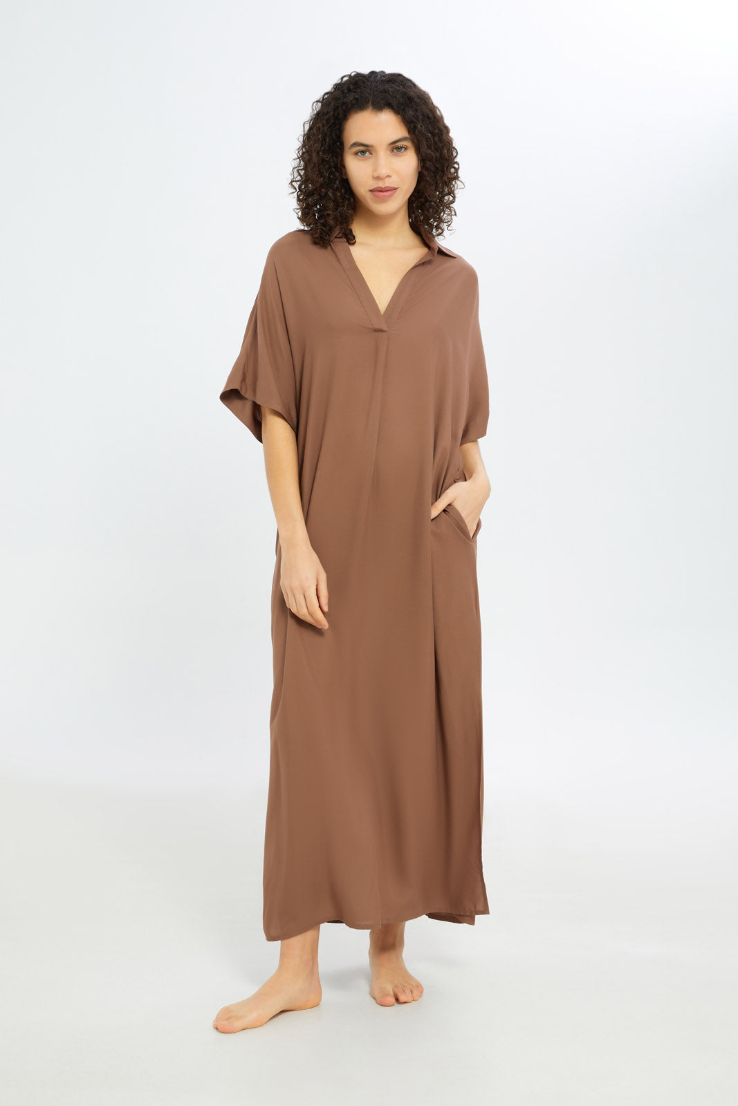 Redtag-Women-Sand-Short-Sleeves-With-Collar-Nightgown-Category:Nightgowns,-Colour:Sand,-Deals:New-In,-Filter:Women's-Clothing,-H1:LWR,-H2:LDN,-H3:NWR,-H4:NGN,-New-In-Women-APL,-Non-Sale,-S23C,-Season:S23C,-Section:Women,-Women-Nightgowns--