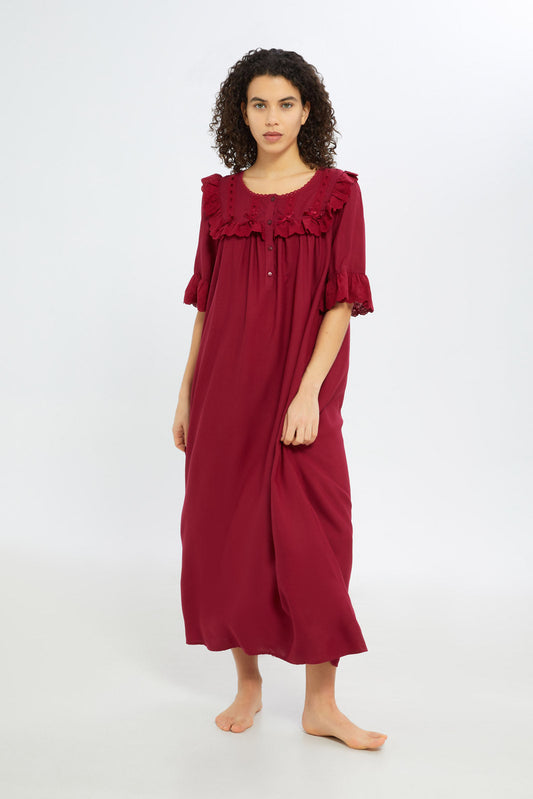 Redtag-Women-Burgundy-Solid-Short-Sleeves-Nightgown-Category:Nightgowns,-Colour:Burgundy,-Deals:New-In,-Filter:Women's-Clothing,-H1:LWR,-H2:LDN,-H3:NWR,-H4:NGN,-New-In-Women-APL,-Non-Sale,-S23C,-Season:S23C,-Section:Women,-Women-Nightgowns--