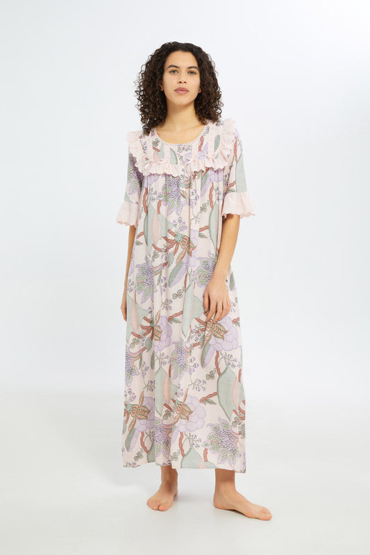 Redtag-Women-Pale-Pink-Aop-Short-Sleeves-Nightgown-Category:Nightgowns,-Colour:Apricot,-Deals:New-In,-Filter:Women's-Clothing,-H1:LWR,-H2:LDN,-H3:NWR,-H4:NGN,-New-In-Women-APL,-Non-Sale,-S23C,-Season:S23C,-Section:Women,-Women-Nightgowns--