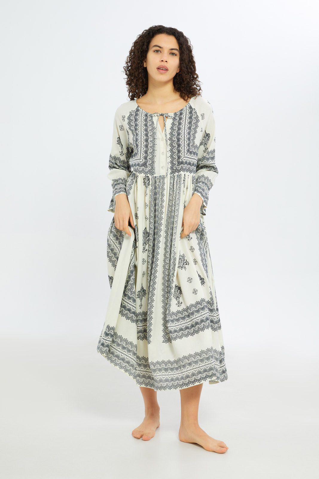 Redtag-Women-White-Aop-Long-Sleeves-Nightgown-Category:Nightgowns,-Colour:White,-Deals:New-In,-Filter:Women's-Clothing,-H1:LWR,-H2:LDN,-H3:NWR,-H4:NGN,-New-In-Women-APL,-Non-Sale,-S23C,-Season:S23C,-Section:Women,-Women-Nightgowns--