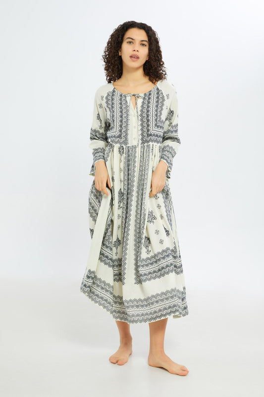 Redtag-Women-White-Aop-Long-Sleeves-Nightgown-Category:Nightgowns,-Colour:White,-Deals:New-In,-Filter:Women's-Clothing,-H1:LWR,-H2:LDN,-H3:NWR,-H4:NGN,-New-In-Women-APL,-Non-Sale,-S23C,-Season:S23C,-Section:Women,-Women-Nightgowns--