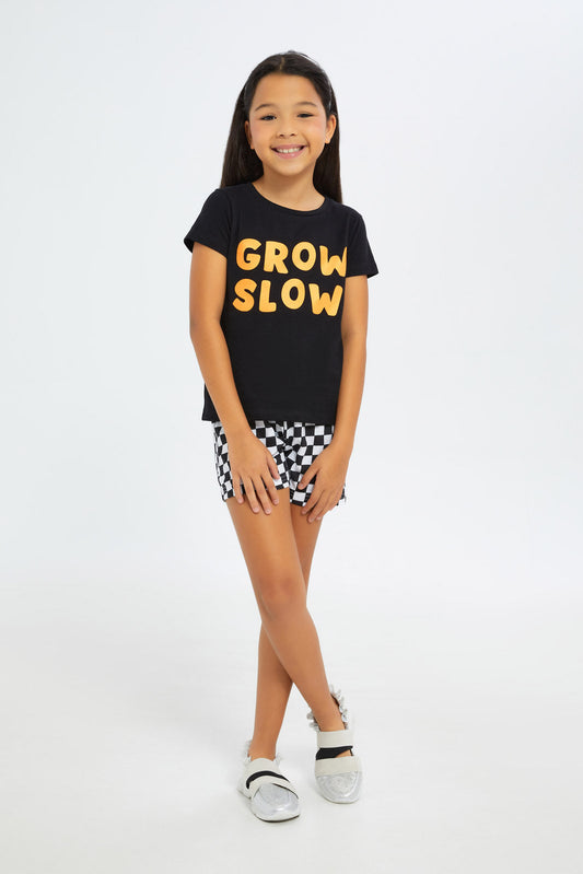 Redtag-Girls-Black-"Grow-Slow"-Short-Set-Category:Sets,-Colour:Black,-Deals:New-In,-Filter:Girls-(2-to-8-Yrs),-GIR-Sets,-H1:KWR,-H2:GIR,-H3:SET,-H4:CAE,-New-In-GIR-APL,-Non-Sale,-S23C,-Season:S23C,-Section:Girls-(0-to-14Yrs)-Girls-2 to 8 Years