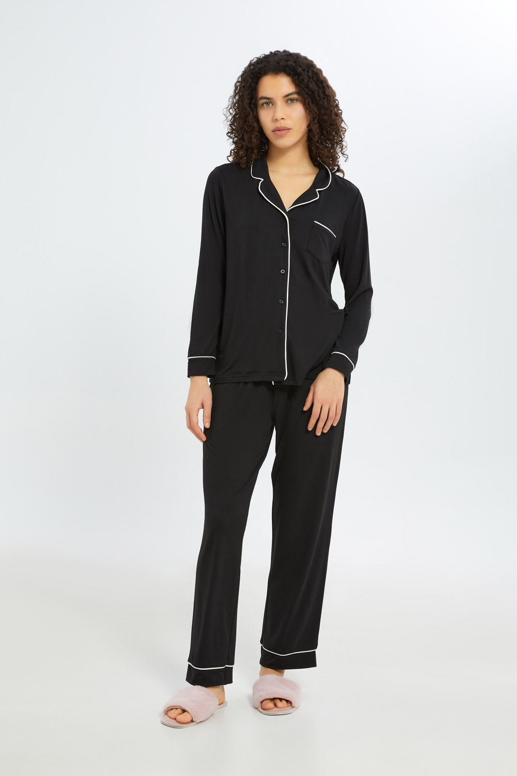 Redtag-Women-Black-Solid-Long-Sleeves-Classic-Pajama-Set-Category:Pyjama-Sets,-Colour:Black,-Deals:New-In,-Filter:Women's-Clothing,-H1:LWR,-H2:LDN,-H3:NWR,-H4:PJS,-New-In-Women-APL,-Non-Sale,-RMD,-S23C,-Season:S23C,-Section:Women,-Women-Pyjama-Sets--