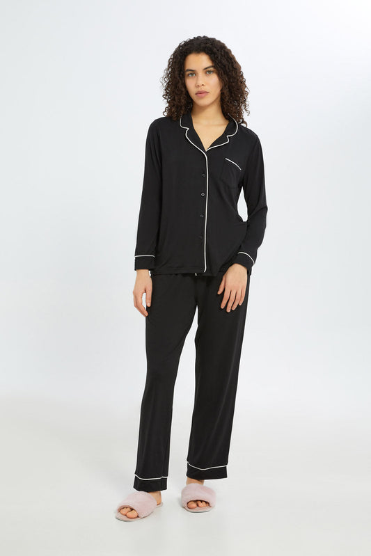 Redtag-Women-Black-Solid-Long-Sleeves-Classic-Pajama-Set-Category:Pyjama-Sets,-Colour:Black,-Deals:New-In,-Filter:Women's-Clothing,-H1:LWR,-H2:LDN,-H3:NWR,-H4:PJS,-New-In-Women-APL,-Non-Sale,-RMD,-S23C,-Season:S23C,-Section:Women,-Women-Pyjama-Sets--