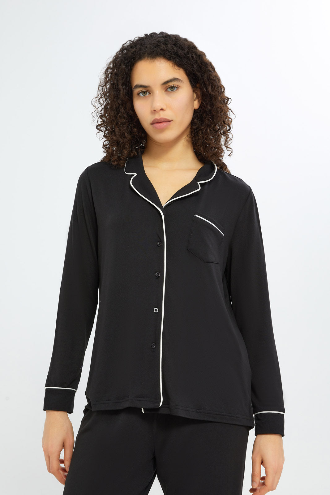 Redtag-Women-Black-Solid-Long-Sleeves-Classic-Pajama-Set-Category:Pyjama-Sets,-Colour:Black,-Deals:New-In,-Filter:Women's-Clothing,-H1:LWR,-H2:LDN,-H3:NWR,-H4:PJS,-New-In-Women-APL,-Non-Sale,-RMD,-S23C,-Season:S23C,-Section:Women,-Women-Pyjama-Sets--