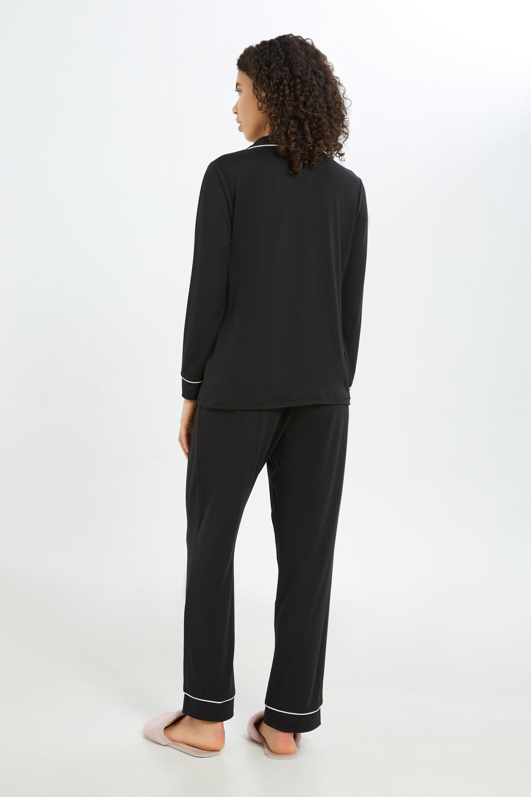 Redtag-Women-Black-Solid-Long-Sleeves-Classic-Pajama-Set-Category:Pyjama-Sets,-Colour:Black,-Deals:New-In,-Filter:Women's-Clothing,-H1:LWR,-H2:LDN,-H3:NWR,-H4:PJS,-New-In-Women-APL,-Non-Sale,-RMD,-S23C,-Season:S23C,-Section:Women,-Women-Pyjama-Sets--