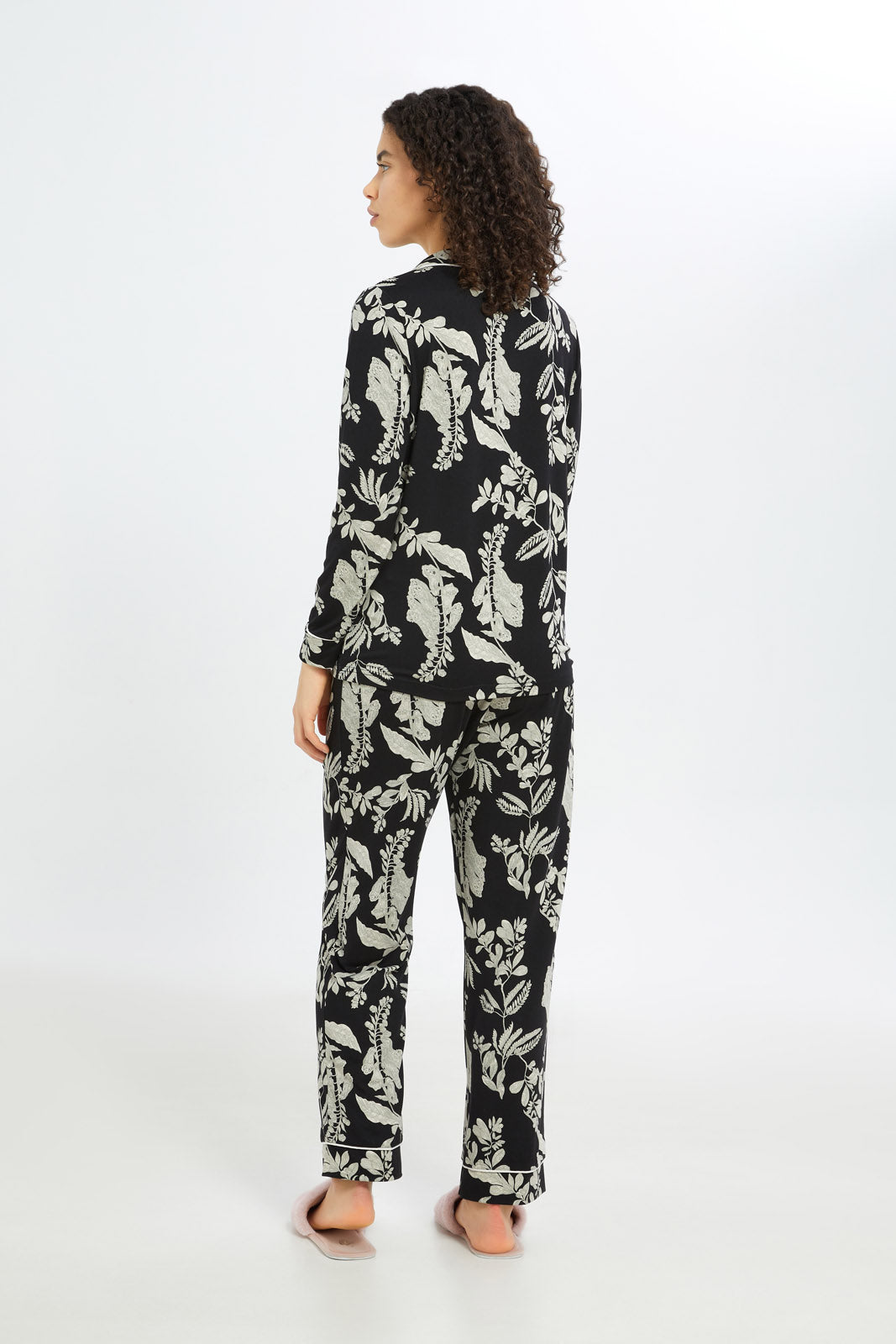 Redtag-Women-Black-Aop-Long-Sleeves-Classic-Pajama-Set-Category:Pyjama-Sets,-Colour:Black,-Deals:New-In,-Filter:Women's-Clothing,-H1:LWR,-H2:LDN,-H3:NWR,-H4:PJS,-New-In-Women-APL,-Non-Sale,-RMD,-S23C,-Season:S23C,-Section:Women,-Women-Pyjama-Sets--