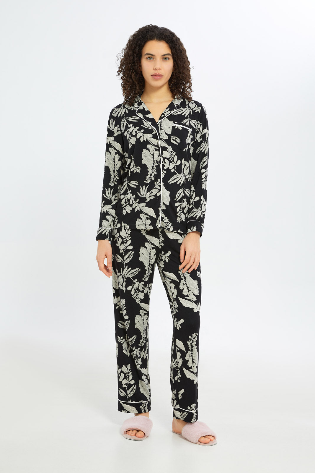 Redtag-Women-Black-Aop-Long-Sleeves-Classic-Pajama-Set-Category:Pyjama-Sets,-Colour:Black,-Deals:New-In,-Filter:Women's-Clothing,-H1:LWR,-H2:LDN,-H3:NWR,-H4:PJS,-New-In-Women-APL,-Non-Sale,-RMD,-S23C,-Season:S23C,-Section:Women,-Women-Pyjama-Sets--
