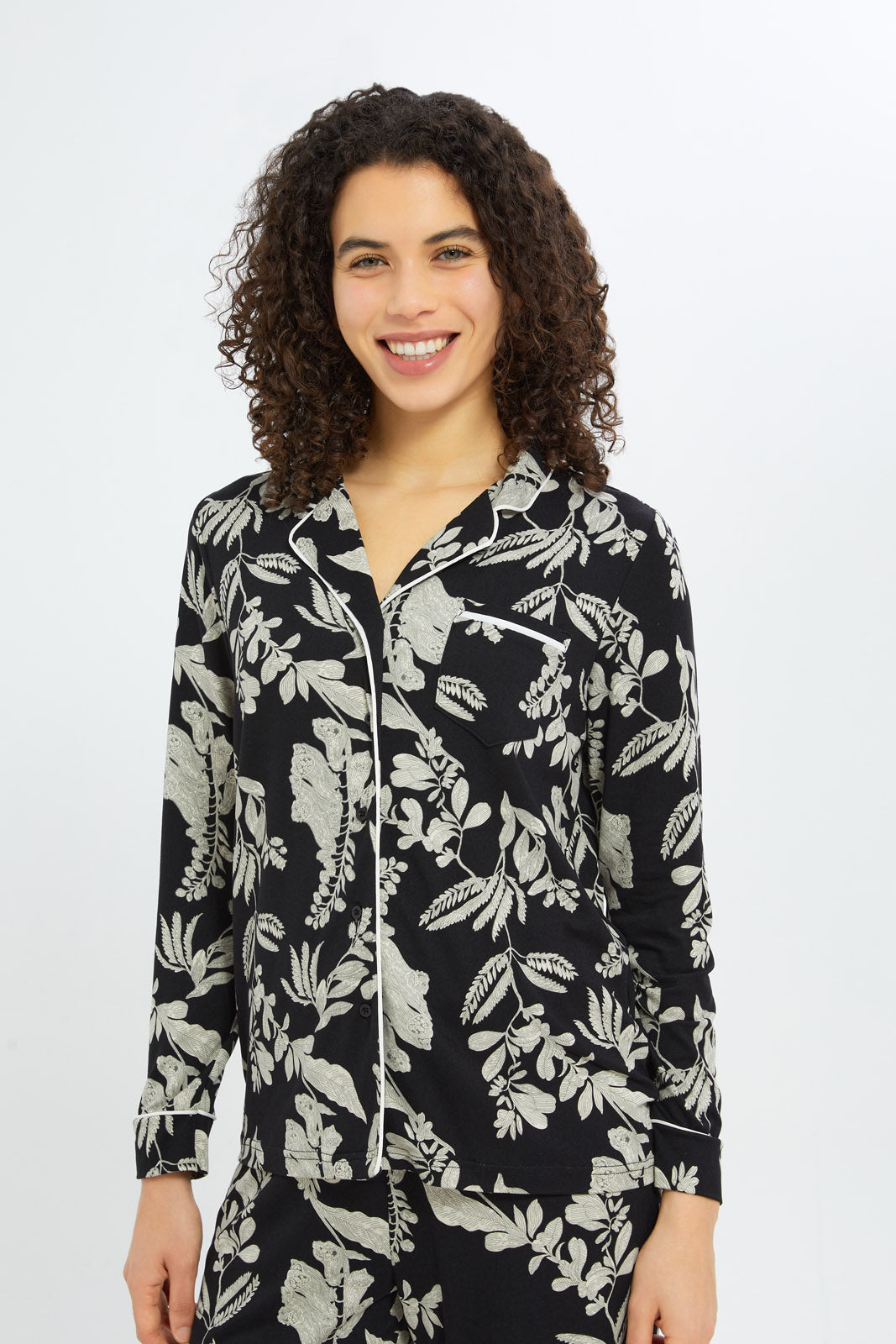 Redtag-Women-Black-Aop-Long-Sleeves-Classic-Pajama-Set-Category:Pyjama-Sets,-Colour:Black,-Deals:New-In,-Filter:Women's-Clothing,-H1:LWR,-H2:LDN,-H3:NWR,-H4:PJS,-New-In-Women-APL,-Non-Sale,-RMD,-S23C,-Season:S23C,-Section:Women,-Women-Pyjama-Sets--