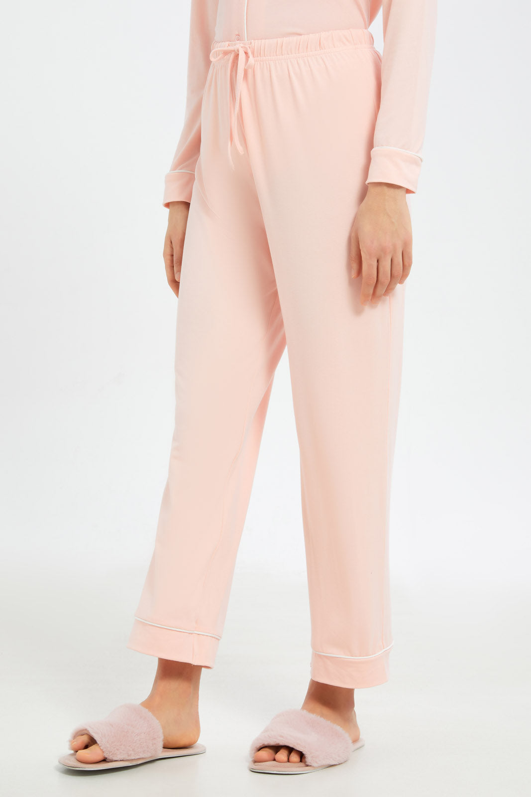 Redtag-Women-Pale-Pink-Solid-Long-Sleeves-Classic-Pajama-Set-Category:Pyjama-Sets,-Colour:Apricot,-Deals:New-In,-Filter:Women's-Clothing,-H1:LWR,-H2:LDN,-H3:NWR,-H4:PJS,-New-In-Women-APL,-Non-Sale,-RMD,-S23C,-Season:S23C,-Section:Women,-Women-Pyjama-Sets--