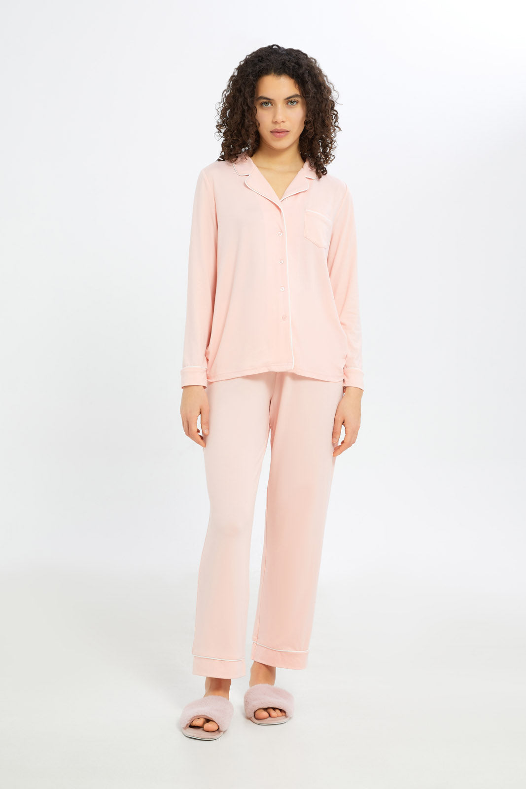 Redtag-Women-Pale-Pink-Solid-Long-Sleeves-Classic-Pajama-Set-Category:Pyjama-Sets,-Colour:Apricot,-Deals:New-In,-Filter:Women's-Clothing,-H1:LWR,-H2:LDN,-H3:NWR,-H4:PJS,-New-In-Women-APL,-Non-Sale,-RMD,-S23C,-Season:S23C,-Section:Women,-Women-Pyjama-Sets--