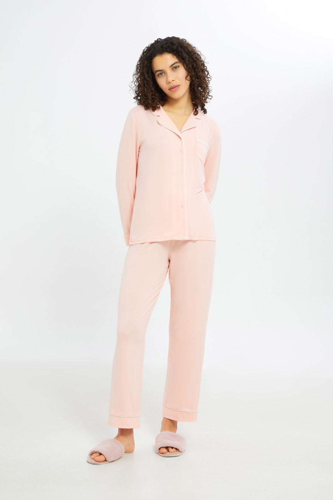 Redtag-Women-Pale-Pink-Solid-Long-Sleeves-Classic-Pajama-Set-Category:Pyjama-Sets,-Colour:Apricot,-Deals:New-In,-Filter:Women's-Clothing,-H1:LWR,-H2:LDN,-H3:NWR,-H4:PJS,-New-In-Women-APL,-Non-Sale,-RMD,-S23C,-Season:S23C,-Section:Women,-Women-Pyjama-Sets--