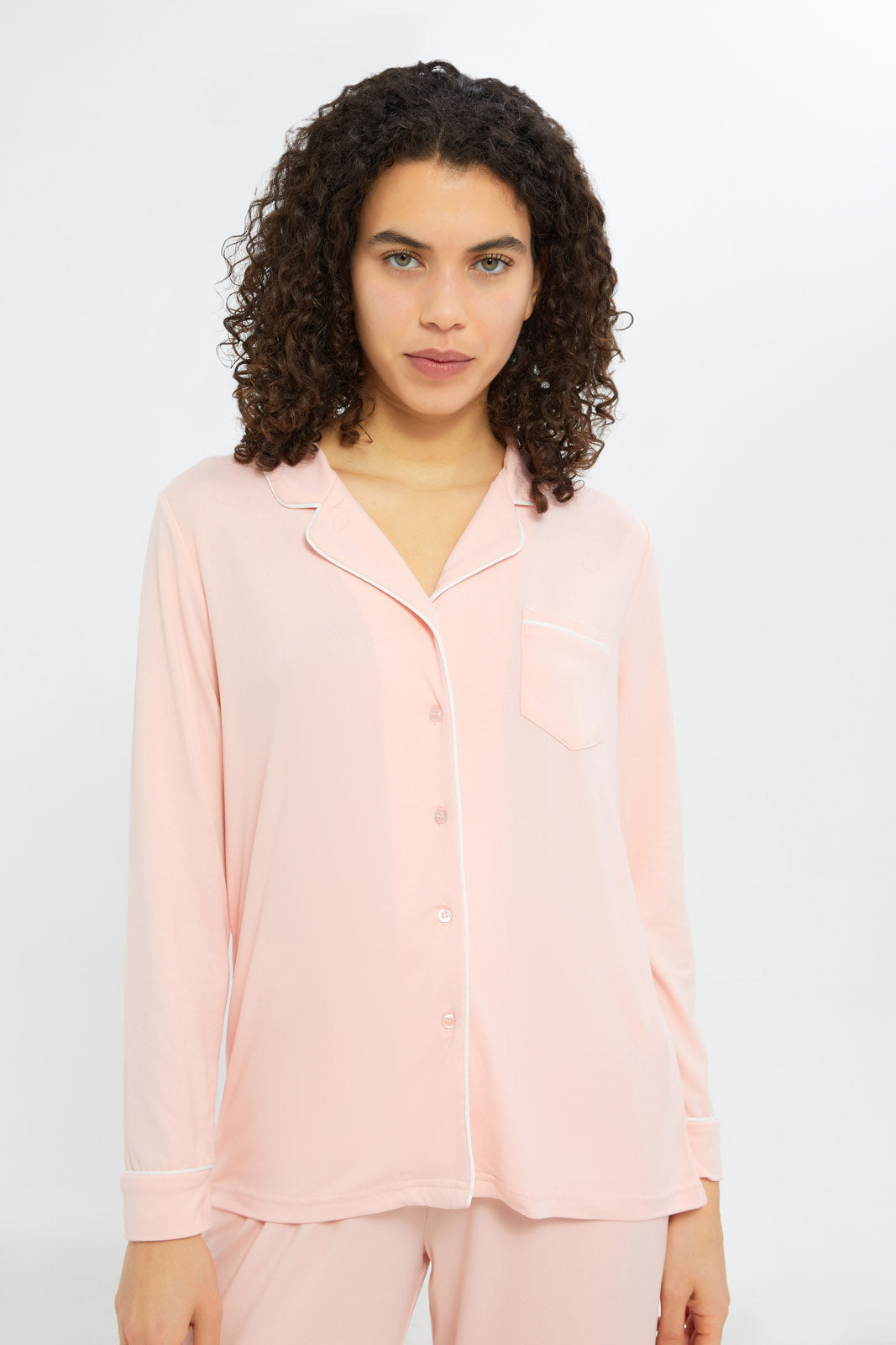 Redtag-Women-Pale-Pink-Solid-Long-Sleeves-Classic-Pajama-Set-Category:Pyjama-Sets,-Colour:Apricot,-Deals:New-In,-Filter:Women's-Clothing,-H1:LWR,-H2:LDN,-H3:NWR,-H4:PJS,-New-In-Women-APL,-Non-Sale,-RMD,-S23C,-Season:S23C,-Section:Women,-Women-Pyjama-Sets--
