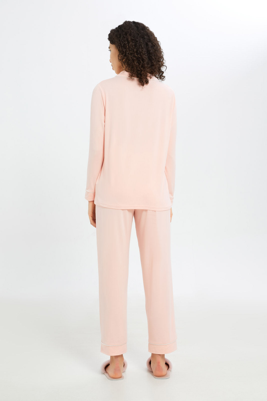 Redtag-Women-Pale-Pink-Solid-Long-Sleeves-Classic-Pajama-Set-Category:Pyjama-Sets,-Colour:Apricot,-Deals:New-In,-Filter:Women's-Clothing,-H1:LWR,-H2:LDN,-H3:NWR,-H4:PJS,-New-In-Women-APL,-Non-Sale,-RMD,-S23C,-Season:S23C,-Section:Women,-Women-Pyjama-Sets--