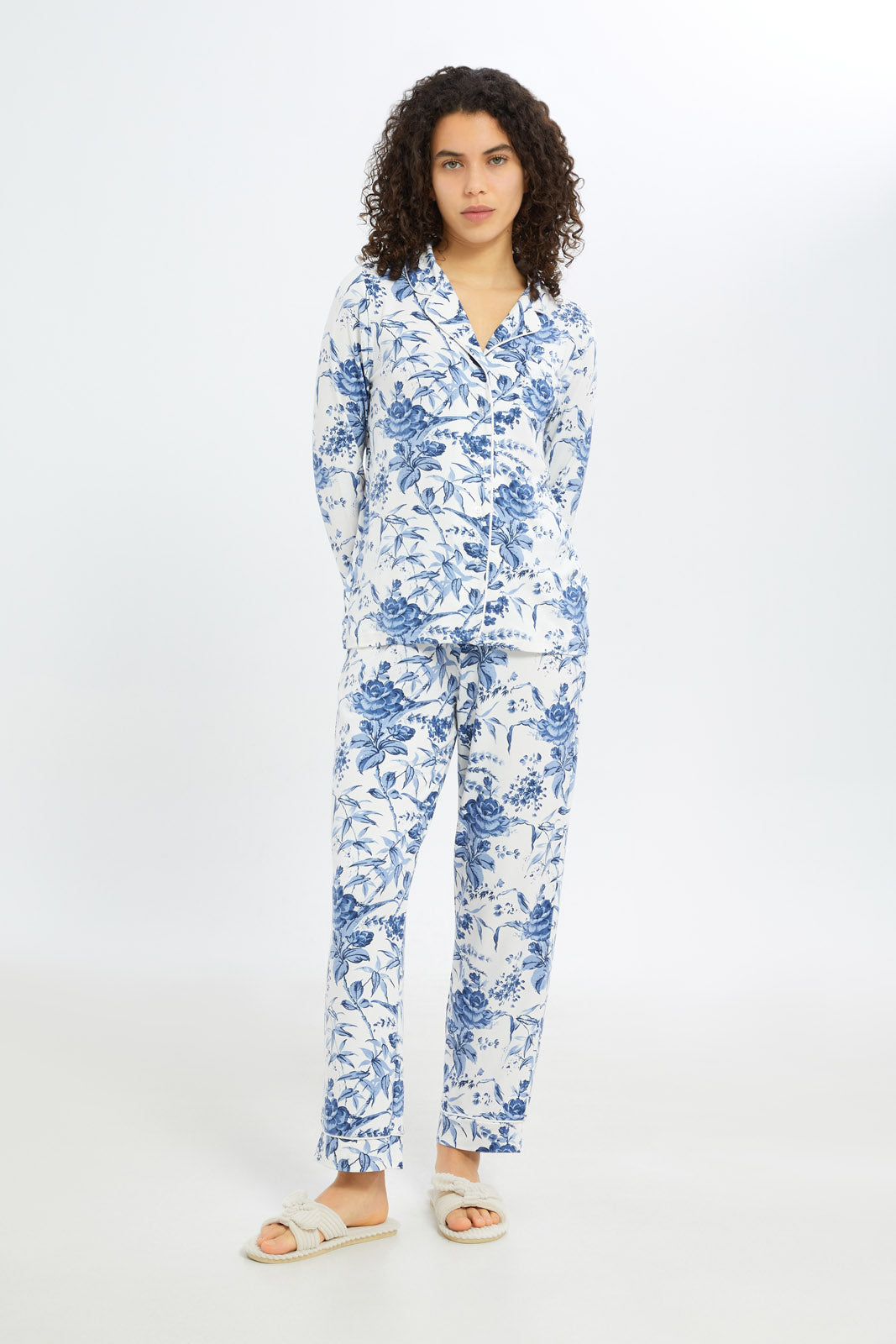 Redtag-Women-White-Aop-Long-Sleeves-Classic-Pajama-Set-Category:Pyjama-Sets,-Colour:White,-Deals:New-In,-Filter:Women's-Clothing,-H1:LWR,-H2:LDN,-H3:NWR,-H4:PJS,-New-In-Women-APL,-Non-Sale,-RMD,-S23C,-Season:S23C,-Section:Women,-Women-Pyjama-Sets--