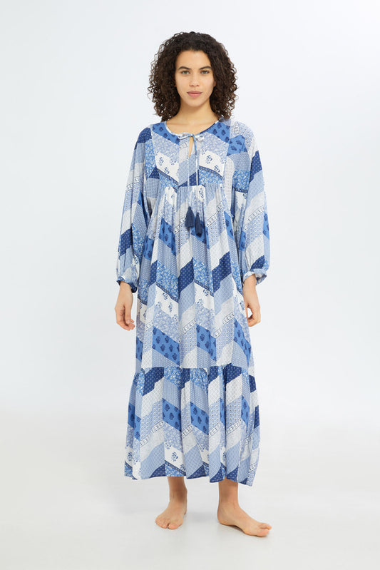 Redtag-Women-Blue-Aop-Long-Sleeves-Nightgown-Category:Nightgowns,-Colour:Blue,-Deals:New-In,-Filter:Women's-Clothing,-H1:LWR,-H2:LDN,-H3:NWR,-H4:NGN,-New-In-Women-APL,-Non-Sale,-RMD,-S23C,-Season:S23C,-Section:Women,-Women-Nightgowns--