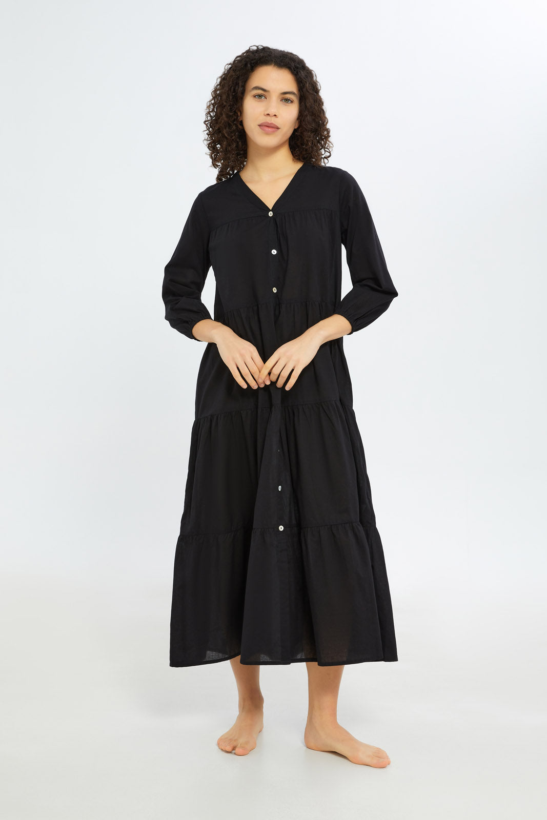 Redtag-Women-Black-Solid-3/4-Sleeves-Long-Length-Nightgown-In-Extended-Size-Category:Nightgowns,-Colour:Black,-Deals:New-In,-Filter:Women's-Clothing,-H1:LWR,-H2:LDN,-H3:NWR,-H4:NGN,-New-In-Women-APL,-Non-Sale,-RMD,-S23C,-Season:S23C,-Section:Women,-Women-Nightgowns--
