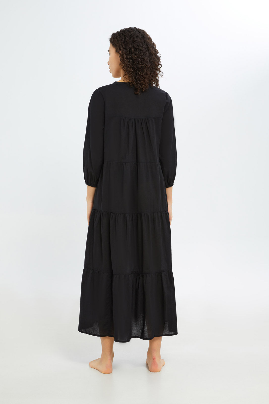 Redtag-Women-Black-Solid-3/4-Sleeves-Long-Length-Nightgown-In-Extended-Size-Category:Nightgowns,-Colour:Black,-Deals:New-In,-Filter:Women's-Clothing,-H1:LWR,-H2:LDN,-H3:NWR,-H4:NGN,-New-In-Women-APL,-Non-Sale,-RMD,-S23C,-Season:S23C,-Section:Women,-Women-Nightgowns--