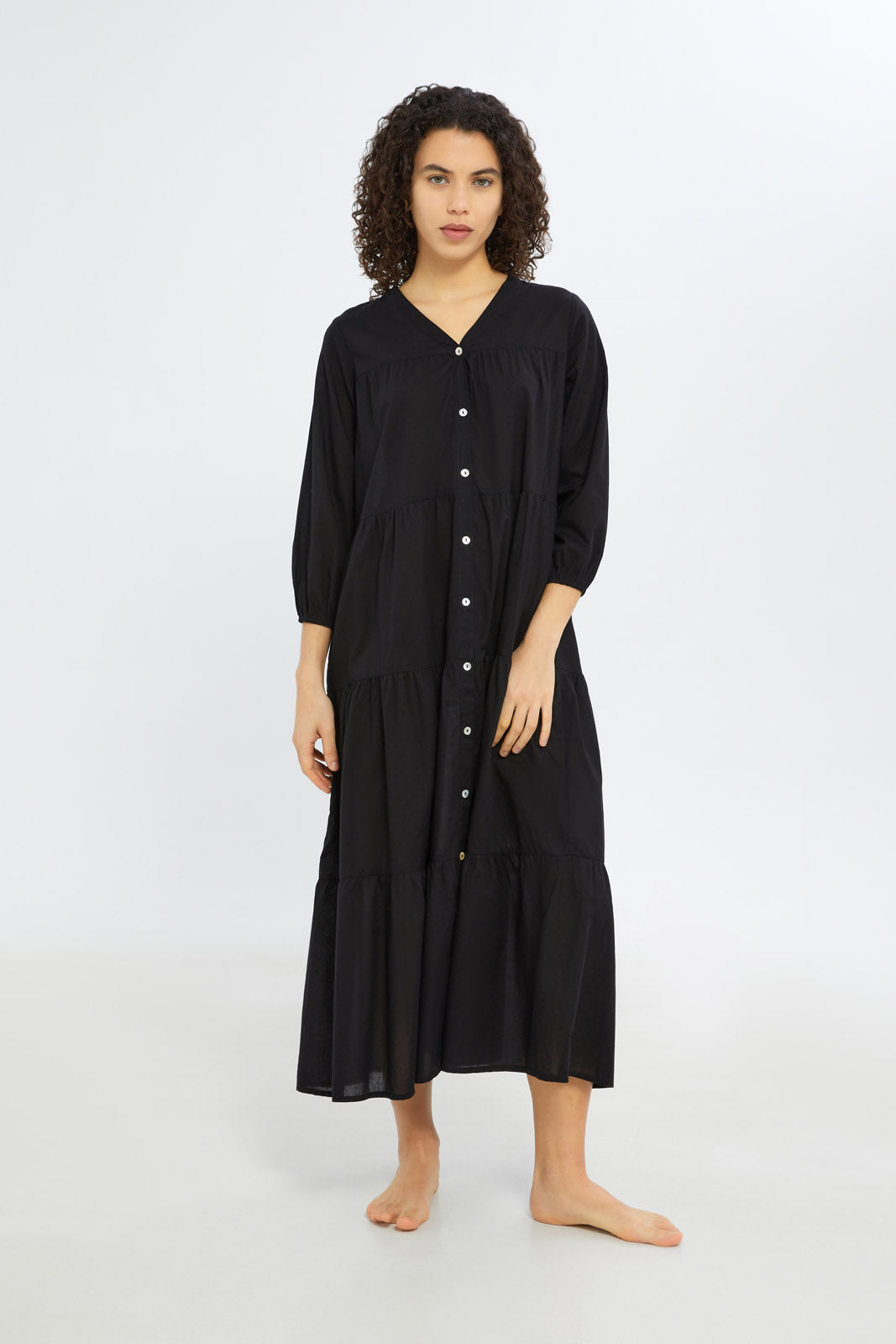Redtag-Women-Black-Solid-3/4-Sleeves-Long-Length-Nightgown-In-Extended-Size-Category:Nightgowns,-Colour:Black,-Deals:New-In,-Filter:Women's-Clothing,-H1:LWR,-H2:LDN,-H3:NWR,-H4:NGN,-New-In-Women-APL,-Non-Sale,-RMD,-S23C,-Season:S23C,-Section:Women,-Women-Nightgowns--