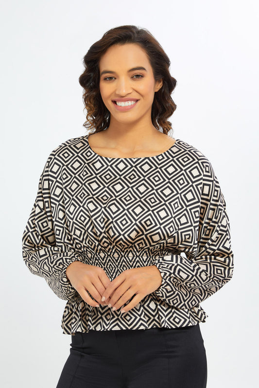 Redtag-Women-Printed-Shirred-Waist-Ls-Blouse-Category:Blouses,-Colour:Assorted,-Deals:New-In,-Filter:Women's-Clothing,-H1:LWR,-H2:LAD,-H3:BLO,-H4:CBL,-New-In-Women-APL,-Non-Sale,-S23C,-Season:S23C,-Section:Women,-Women-Blouses-Women's-