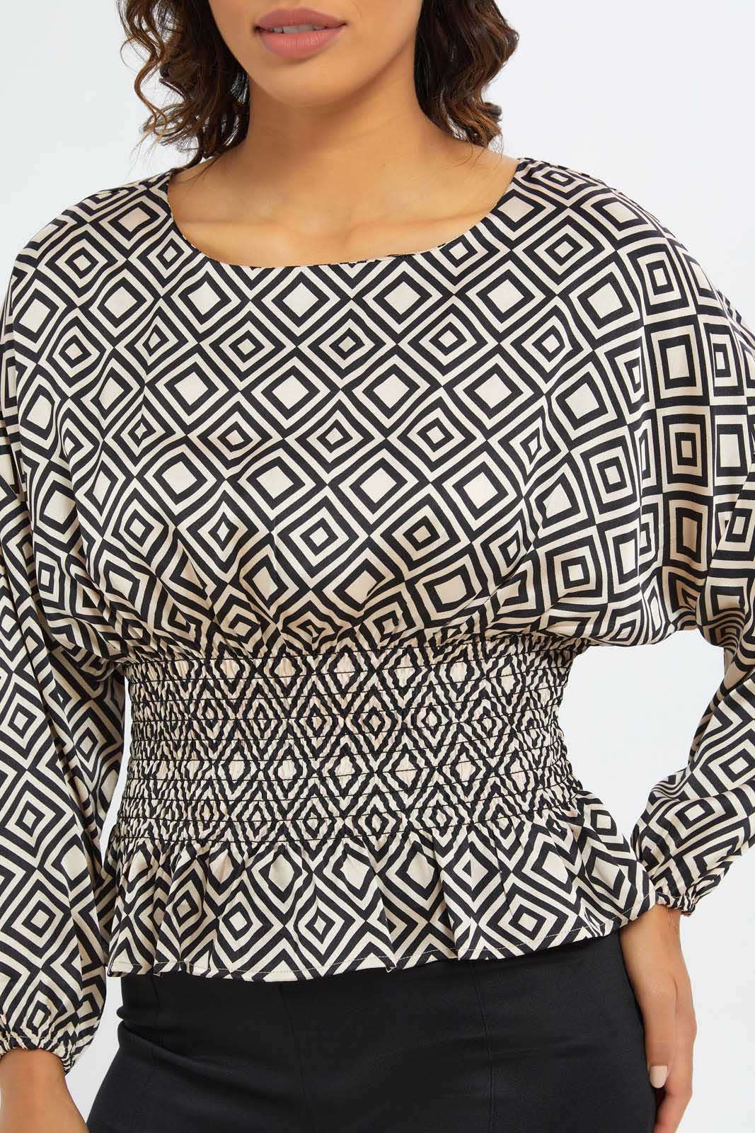 Redtag-Women-Printed-Shirred-Waist-Ls-Blouse-Category:Blouses,-Colour:Assorted,-Deals:New-In,-Filter:Women's-Clothing,-H1:LWR,-H2:LAD,-H3:BLO,-H4:CBL,-New-In-Women-APL,-Non-Sale,-S23C,-Season:S23C,-Section:Women,-Women-Blouses-Women's-