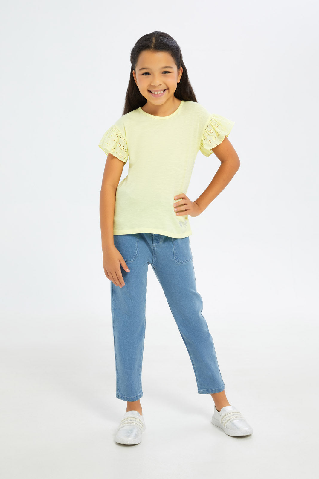 Redtag-Girls-Yellow-Frilled-Sleeves-Jersey-Tops-Category:Jackets,-Colour:Yellow,-Deals:New-In,-Filter:Girls-(2-to-8-Yrs),-GIR-Jackets,-H1:KWR,-H2:GIR,-H3:JYT,-H4:CJT,-New-In-GIR-APL,-Non-Sale,-S23C,-Season:S23C,-Section:Girls-(0-to-14Yrs)--