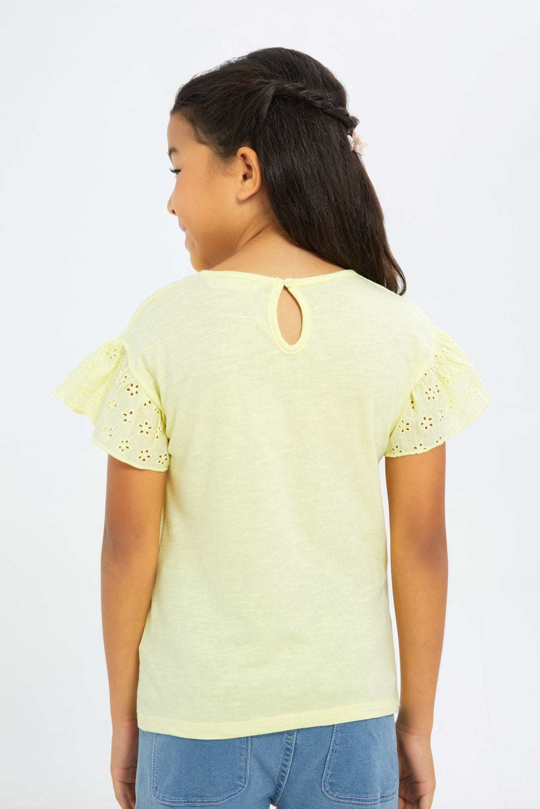 Redtag-Girls-Yellow-Frilled-Sleeves-Jersey-Tops-Category:Jackets,-Colour:Yellow,-Deals:New-In,-Filter:Girls-(2-to-8-Yrs),-GIR-Jackets,-H1:KWR,-H2:GIR,-H3:JYT,-H4:CJT,-New-In-GIR-APL,-Non-Sale,-S23C,-Season:S23C,-Section:Girls-(0-to-14Yrs)--