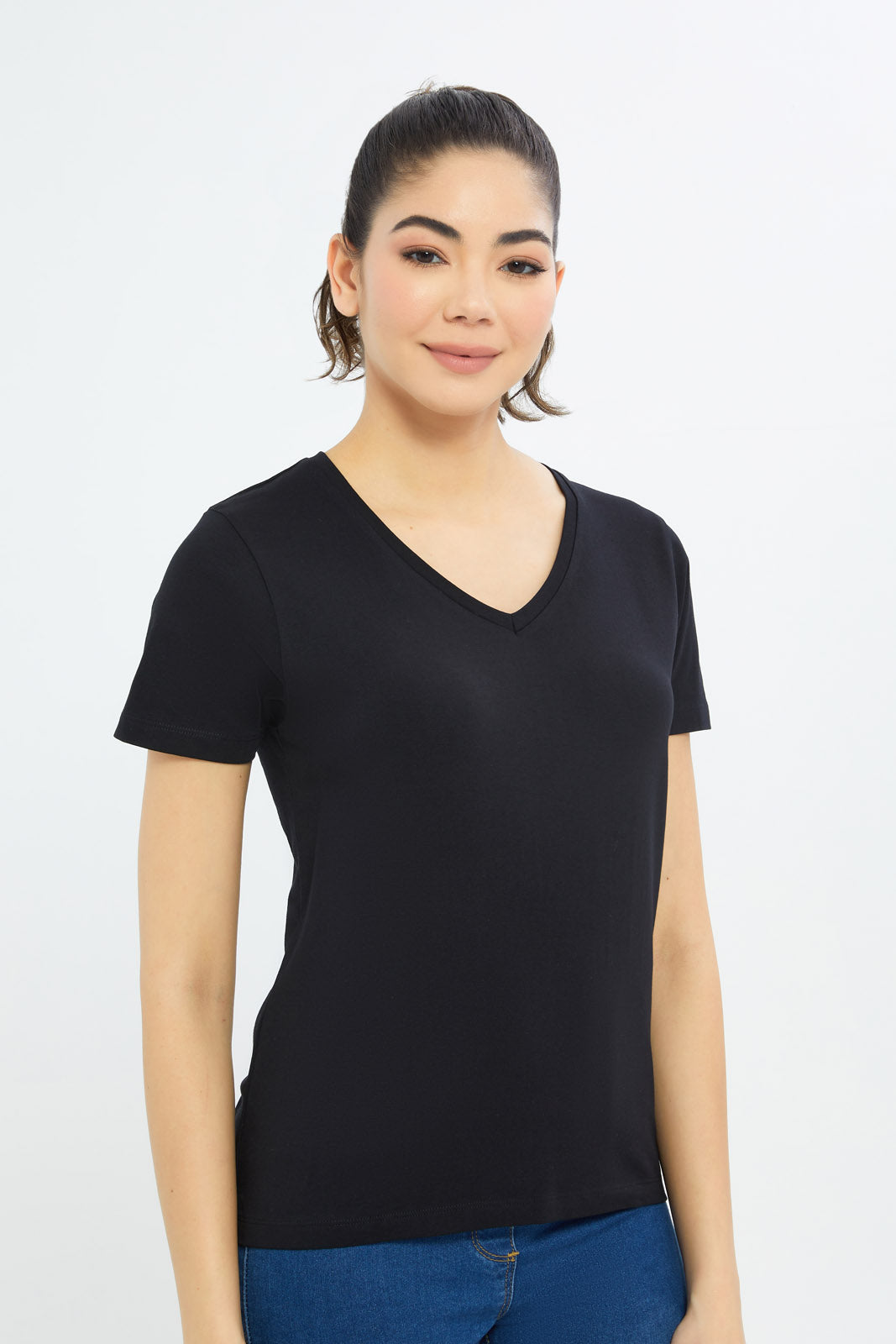 Redtag-Women-Black-Short-Sleeve-V--Neck-T-Shirt-BASICS,-Category:T-Shirts,-Colour:Black,-Deals:New-In,-Filter:Women's-Clothing,-H1:LWR,-H2:LAD,-H3:TSH,-H4:CAT,-New-In-Women-APL,-Non-Sale,-Promo:TBL,-S23B,-Season:S23B,-Section:Women,-TBL,-Women-T-Shirts-Women's-