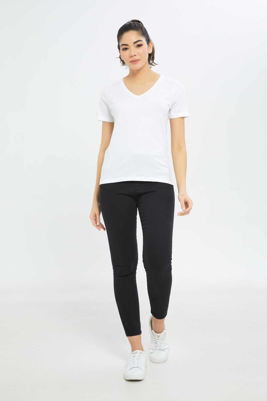 Redtag-Women-White-Short-Sleeve-V--Neck-T-Shirt-BASICS,-Category:T-Shirts,-Colour:White,-Deals:New-In,-Filter:Women's-Clothing,-H1:LWR,-H2:LAD,-H3:TSH,-H4:CAT,-New-In-Women-APL,-Non-Sale,-Promo:TBL,-S23B,-Season:S23B,-Section:Women,-TBL,-Women-T-Shirts-Women's-
