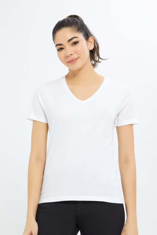 Redtag-Women-White-Short-Sleeve-V--Neck-T-Shirt-BASICS,-Category:T-Shirts,-Colour:White,-Deals:New-In,-Filter:Women's-Clothing,-H1:LWR,-H2:LAD,-H3:TSH,-H4:CAT,-New-In-Women-APL,-Non-Sale,-Promo:TBL,-S23B,-Season:S23B,-Section:Women,-TBL,-Women-T-Shirts-Women's-