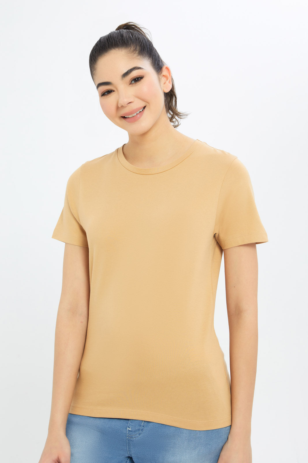 Redtag-Women-Brown-Short-Sleeve-Crew-Neck-T-Shirt-BASICS,-Category:T-Shirts,-Colour:Brown,-Deals:New-In,-Filter:Women's-Clothing,-H1:LWR,-H2:LAD,-H3:TSH,-H4:CAT,-New-In-Women-APL,-Non-Sale,-Promo:TBL,-S23B,-Season:S23B,-Section:Women,-TBL,-Women-T-Shirts-Women's-
