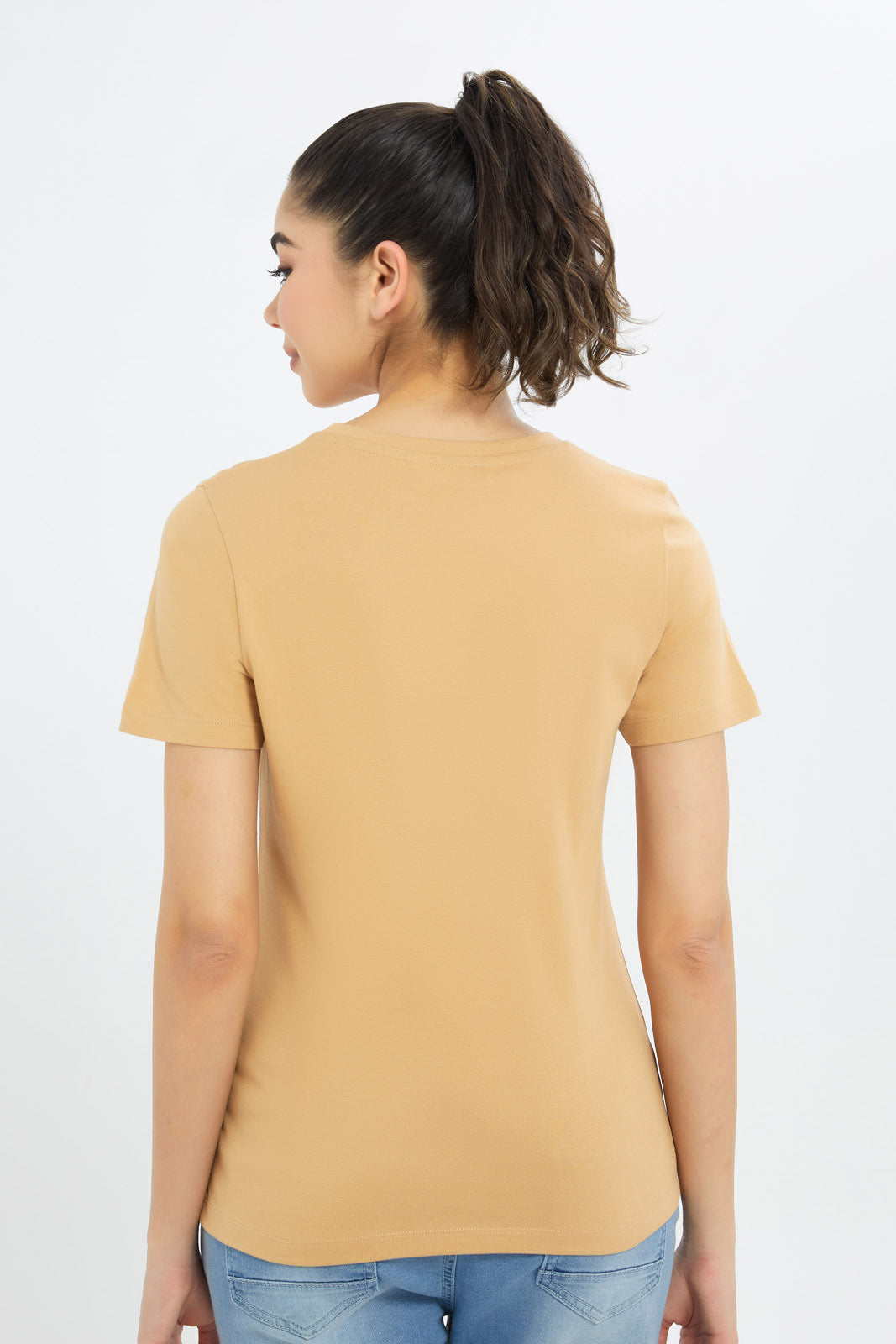 Redtag-Women-Brown-Short-Sleeve-Crew-Neck-T-Shirt-BASICS,-Category:T-Shirts,-Colour:Brown,-Deals:New-In,-Filter:Women's-Clothing,-H1:LWR,-H2:LAD,-H3:TSH,-H4:CAT,-New-In-Women-APL,-Non-Sale,-Promo:TBL,-S23B,-Season:S23B,-Section:Women,-TBL,-Women-T-Shirts-Women's-