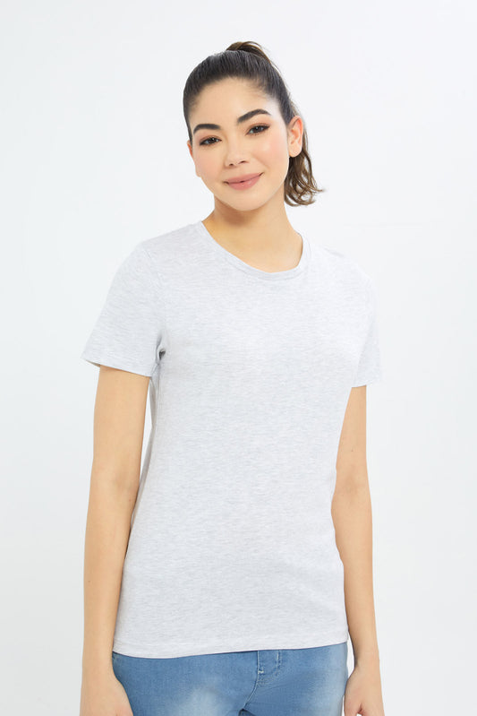Redtag-Women-Grey-Melange-Short-Sleeve-V--Neck-T-Shirt-BASICS,-Category:T-Shirts,-Colour:Grey,-Deals:New-In,-Filter:Women's-Clothing,-H1:LWR,-H2:LAD,-H3:TSH,-H4:CAT,-New-In-Women-APL,-Non-Sale,-Promo:TBL,-S23B,-Season:S23B,-Section:Women,-TBL,-Women-T-Shirts-Women's-