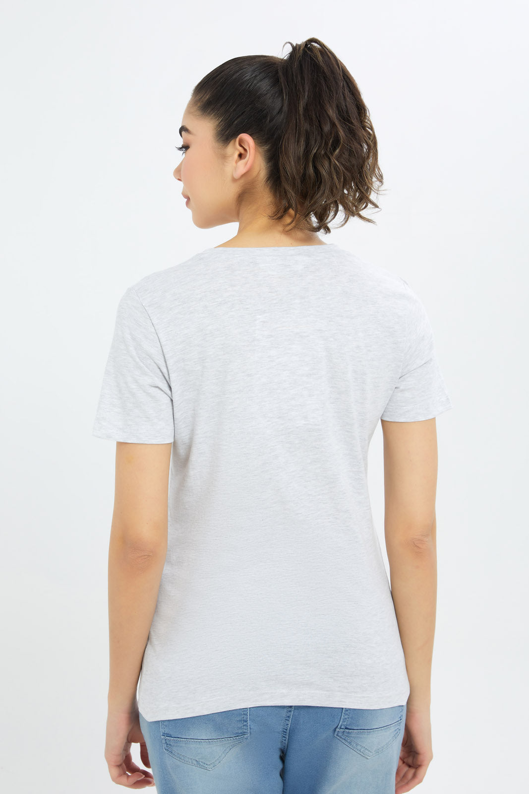 Redtag-Women-Grey-Melange-Short-Sleeve-V--Neck-T-Shirt-BASICS,-Category:T-Shirts,-Colour:Grey,-Deals:New-In,-Filter:Women's-Clothing,-H1:LWR,-H2:LAD,-H3:TSH,-H4:CAT,-New-In-Women-APL,-Non-Sale,-Promo:TBL,-S23B,-Season:S23B,-Section:Women,-TBL,-Women-T-Shirts-Women's-
