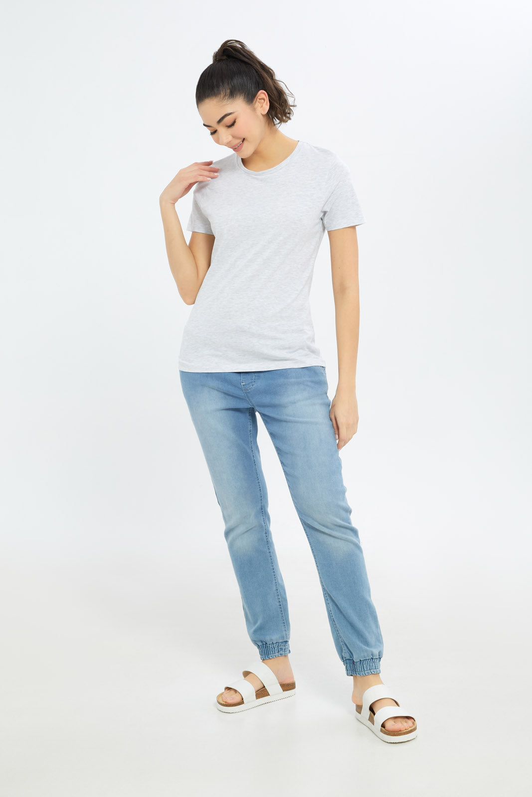 Redtag-Women-Grey-Melange-Short-Sleeve-V--Neck-T-Shirt-BASICS,-Category:T-Shirts,-Colour:Grey,-Deals:New-In,-Filter:Women's-Clothing,-H1:LWR,-H2:LAD,-H3:TSH,-H4:CAT,-New-In-Women-APL,-Non-Sale,-Promo:TBL,-S23B,-Season:S23B,-Section:Women,-TBL,-Women-T-Shirts-Women's-